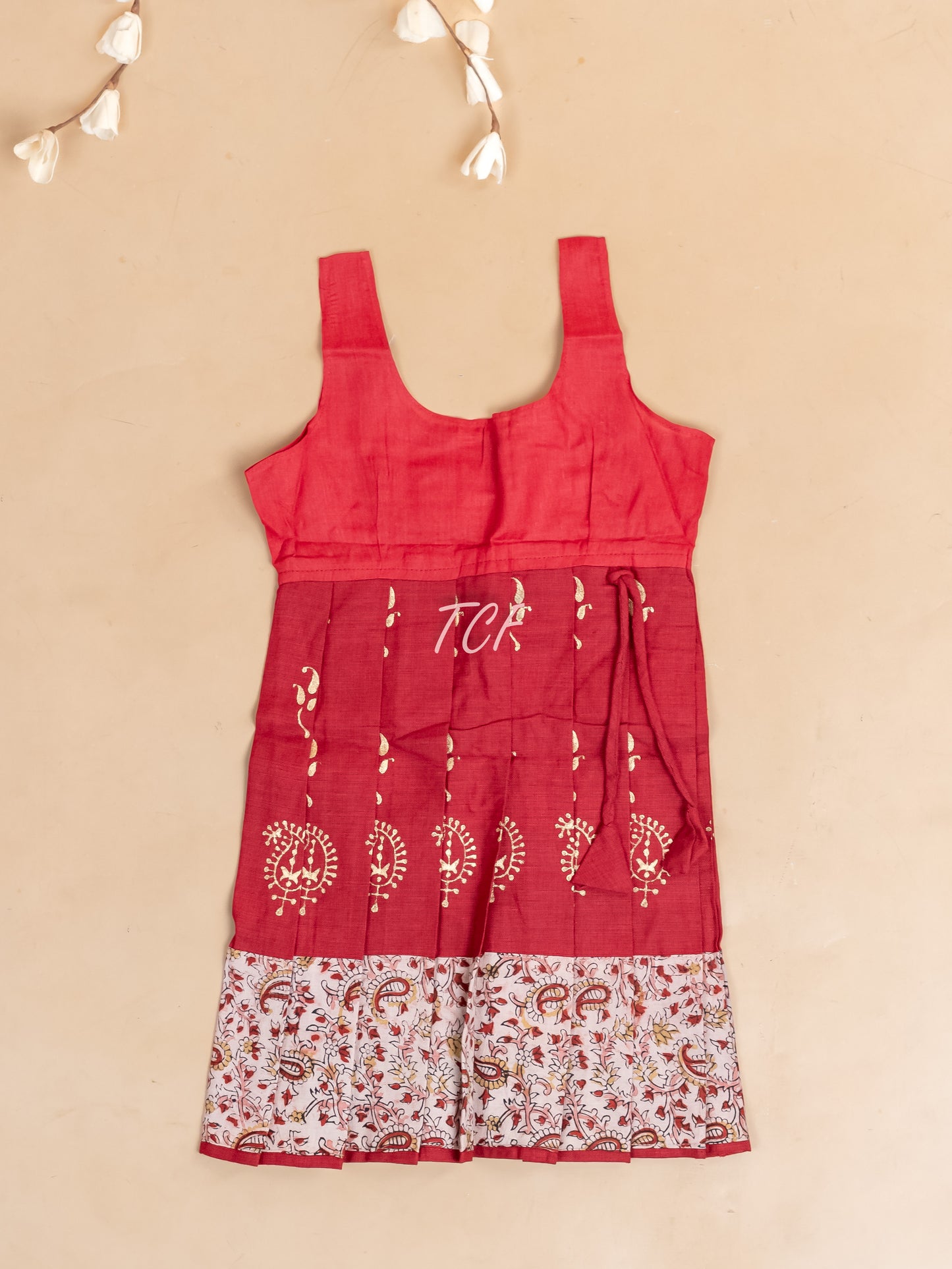 Red Kalamkari Printed - Girls Readymade Cotton Pavadai Sattai