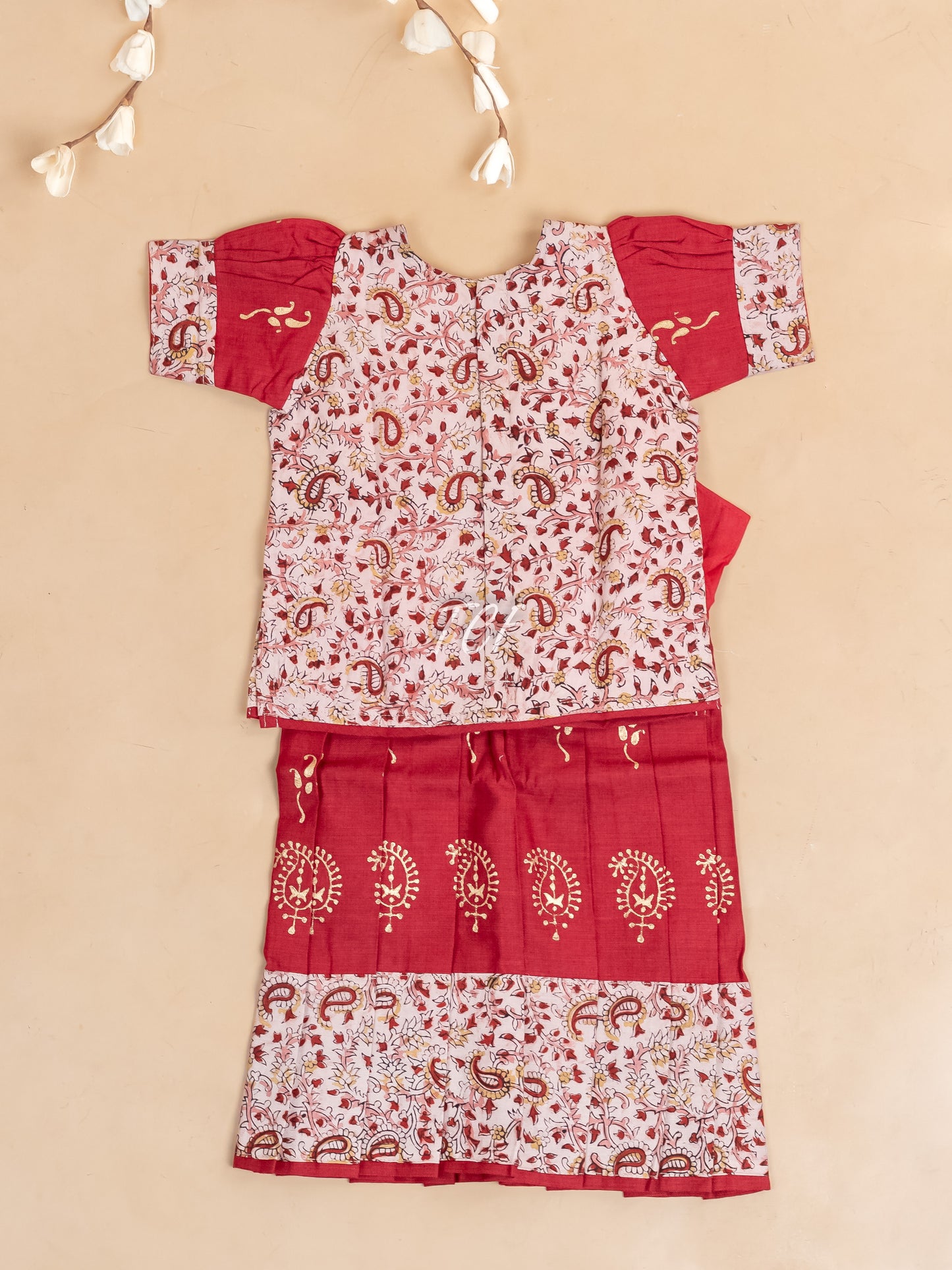 Red Kalamkari Printed - Girls Readymade Cotton Pavadai Sattai