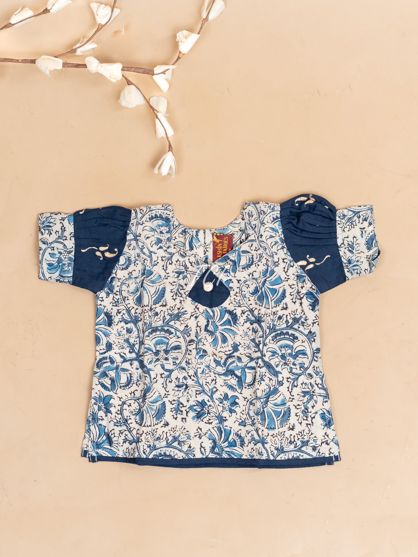 Cream & Navy Blue Kalamkari Printed - Girls Readymade Cotton Pavadai Sattai