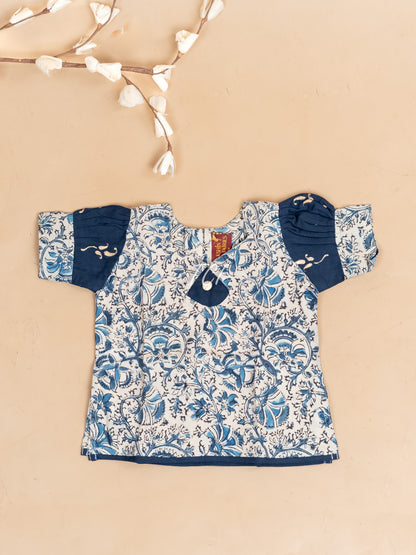 Cream & Navy Blue Kalamkari Printed - Girls Readymade Cotton Pavadai Sattai