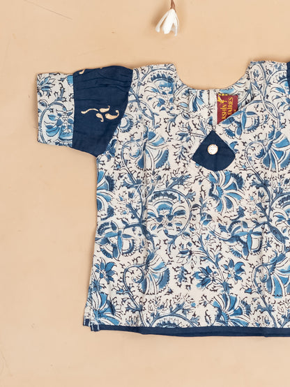 Cream & Navy Blue Kalamkari Printed - Girls Readymade Cotton Pavadai Sattai