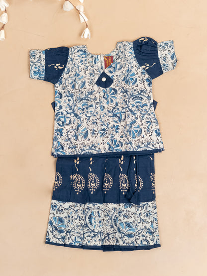Cream & Navy Blue Kalamkari Printed - Girls Readymade Cotton Pavadai Sattai