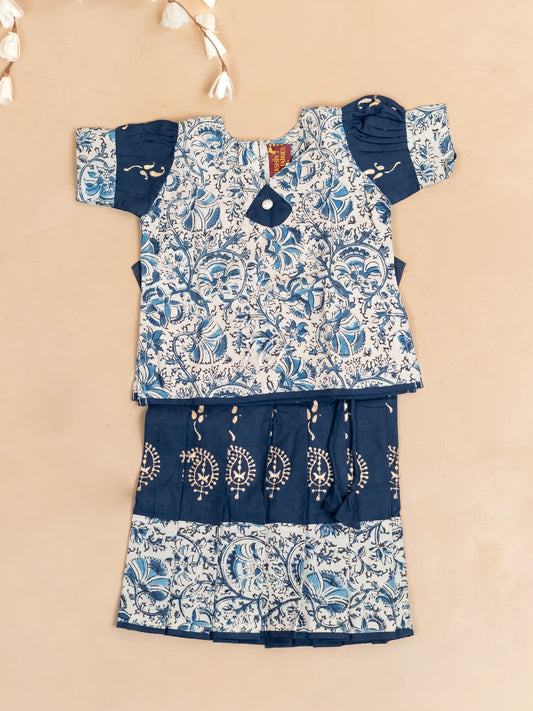 Cream & Navy Blue Kalamkari Printed - Girls Readymade Cotton Pavadai Sattai