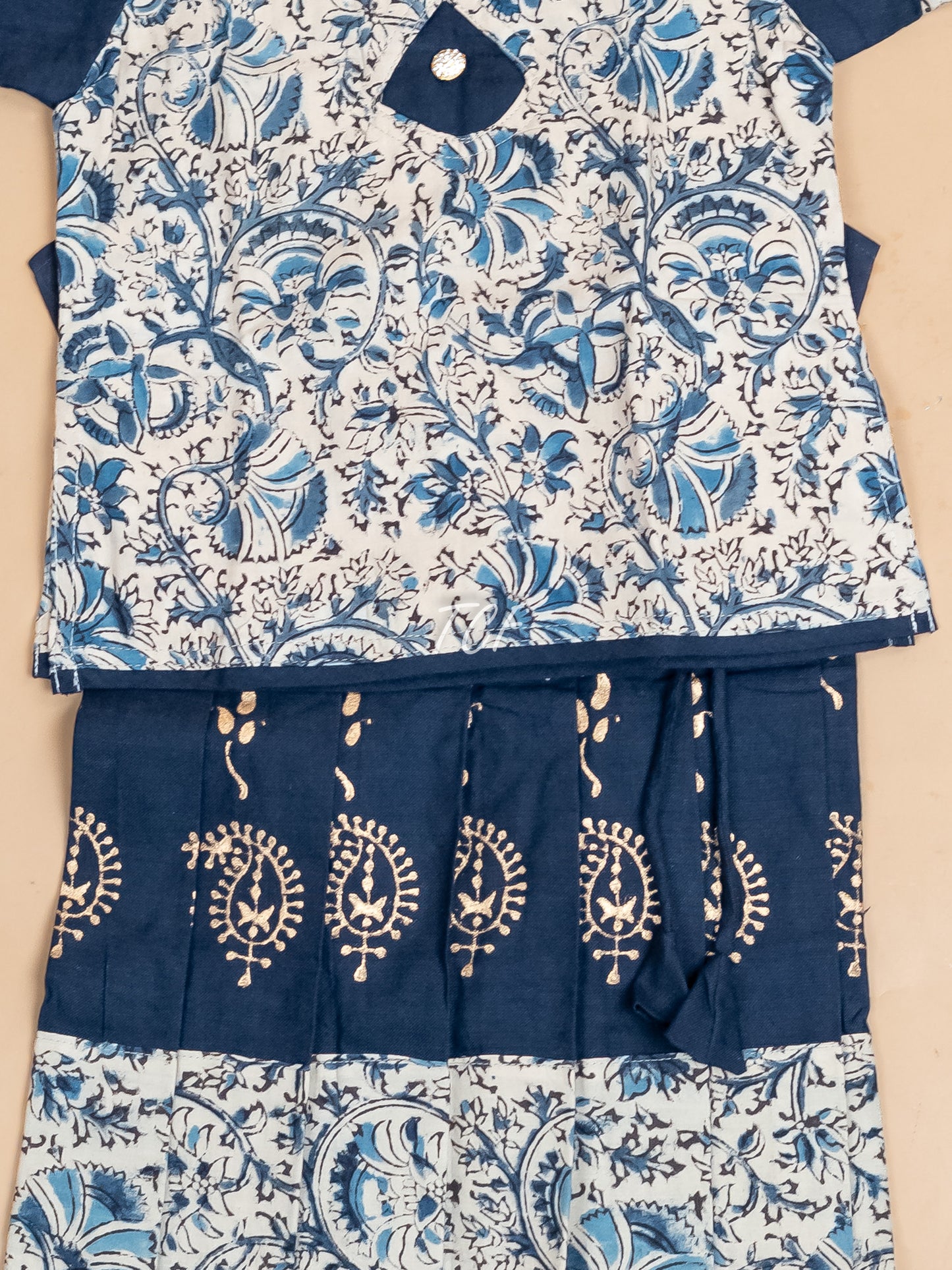 Cream & Navy Blue Kalamkari Printed - Girls Readymade Cotton Pavadai Sattai