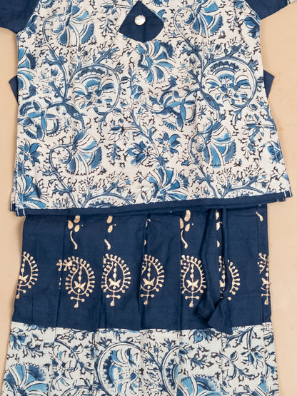 Cream & Navy Blue Kalamkari Printed - Girls Readymade Cotton Pavadai Sattai