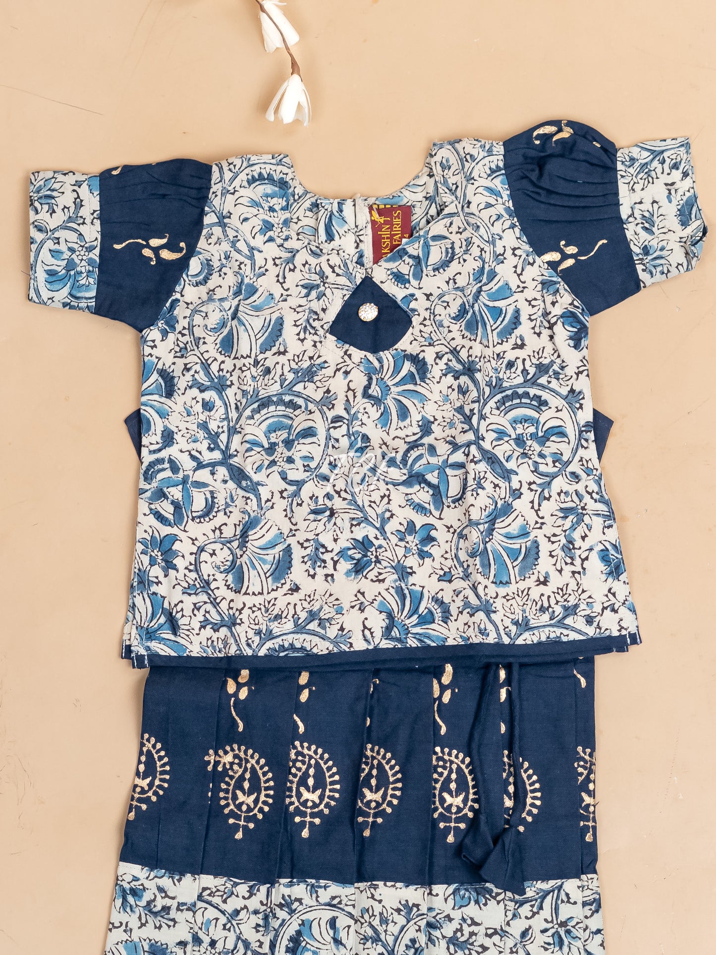 Cream & Navy Blue Kalamkari Printed - Girls Readymade Cotton Pavadai Sattai