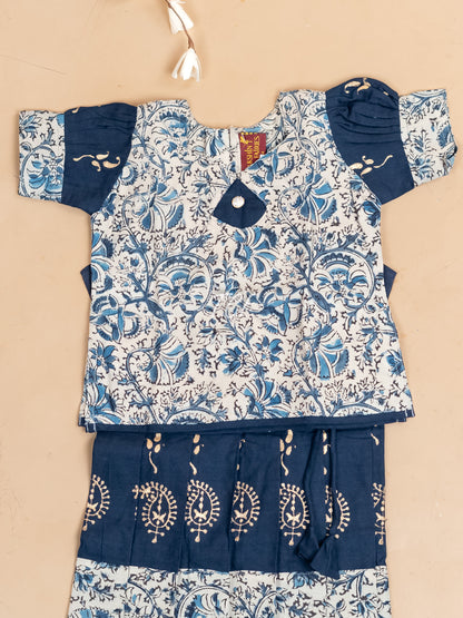 Cream & Navy Blue Kalamkari Printed - Girls Readymade Cotton Pavadai Sattai