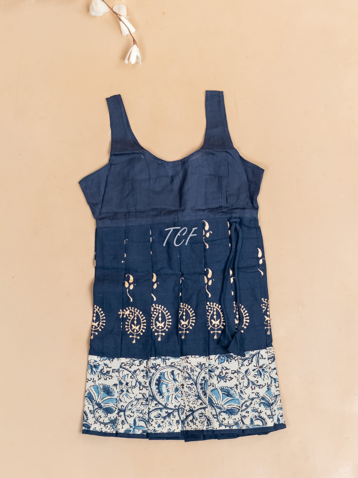Cream & Navy Blue Kalamkari Printed - Girls Readymade Cotton Pavadai Sattai