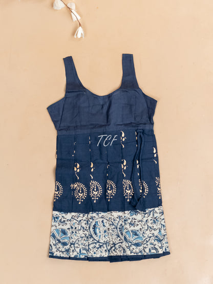 Cream & Navy Blue Kalamkari Printed - Girls Readymade Cotton Pavadai Sattai
