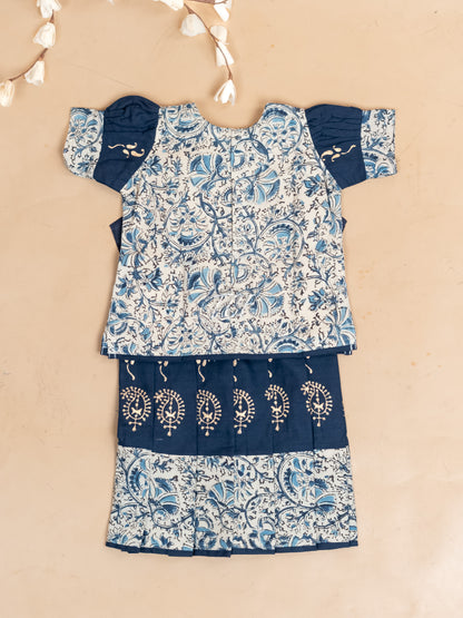 Cream & Navy Blue Kalamkari Printed - Girls Readymade Cotton Pavadai Sattai