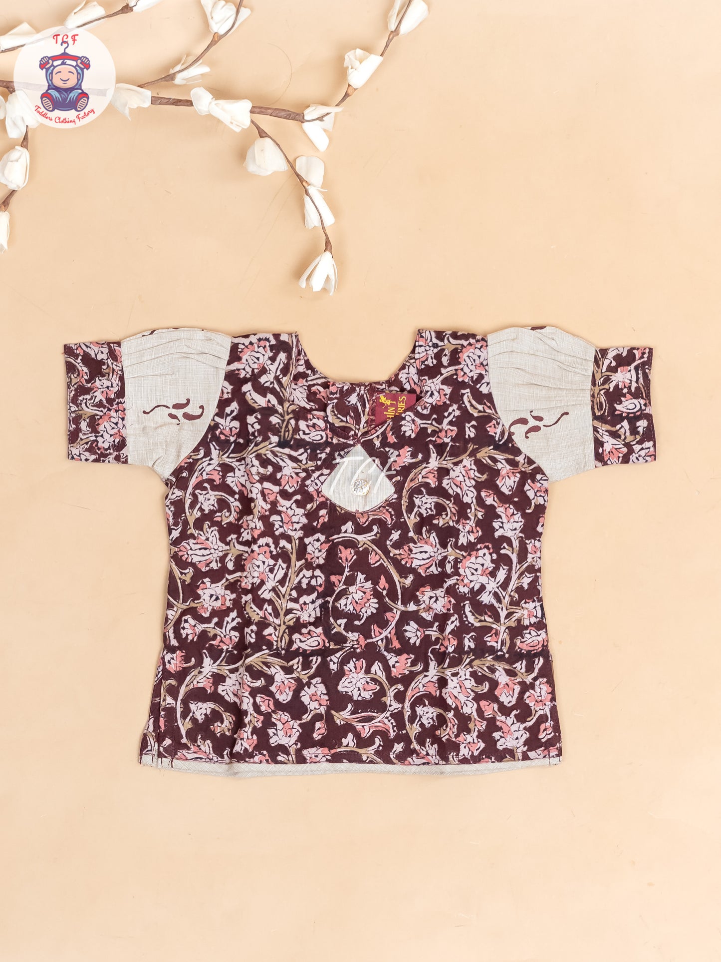 Brown & Cream Kalamkari Printed - Girls Readymade Cotton Pavadai Sattai