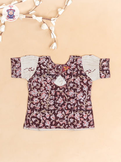 Brown & Cream Kalamkari Printed - Girls Readymade Cotton Pavadai Sattai