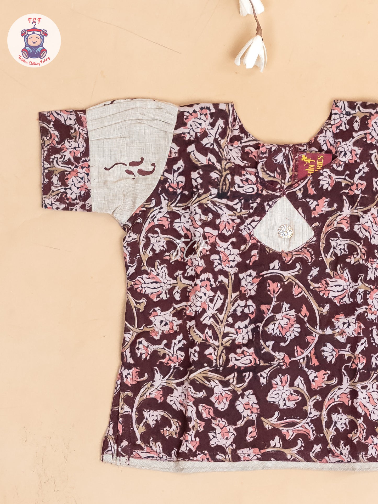 Brown & Cream Kalamkari Printed - Girls Readymade Cotton Pavadai Sattai