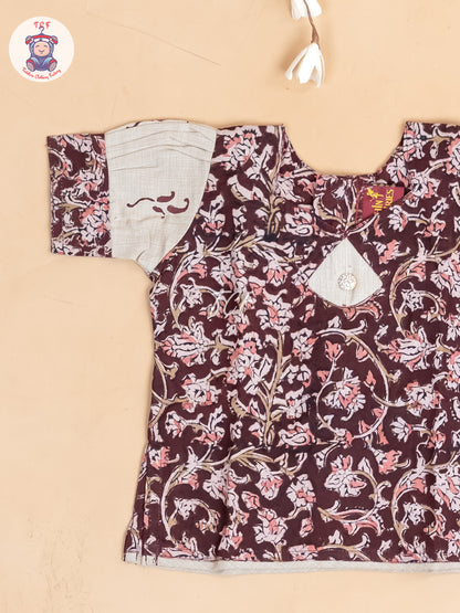 Brown & Cream Kalamkari Printed - Girls Readymade Cotton Pavadai Sattai