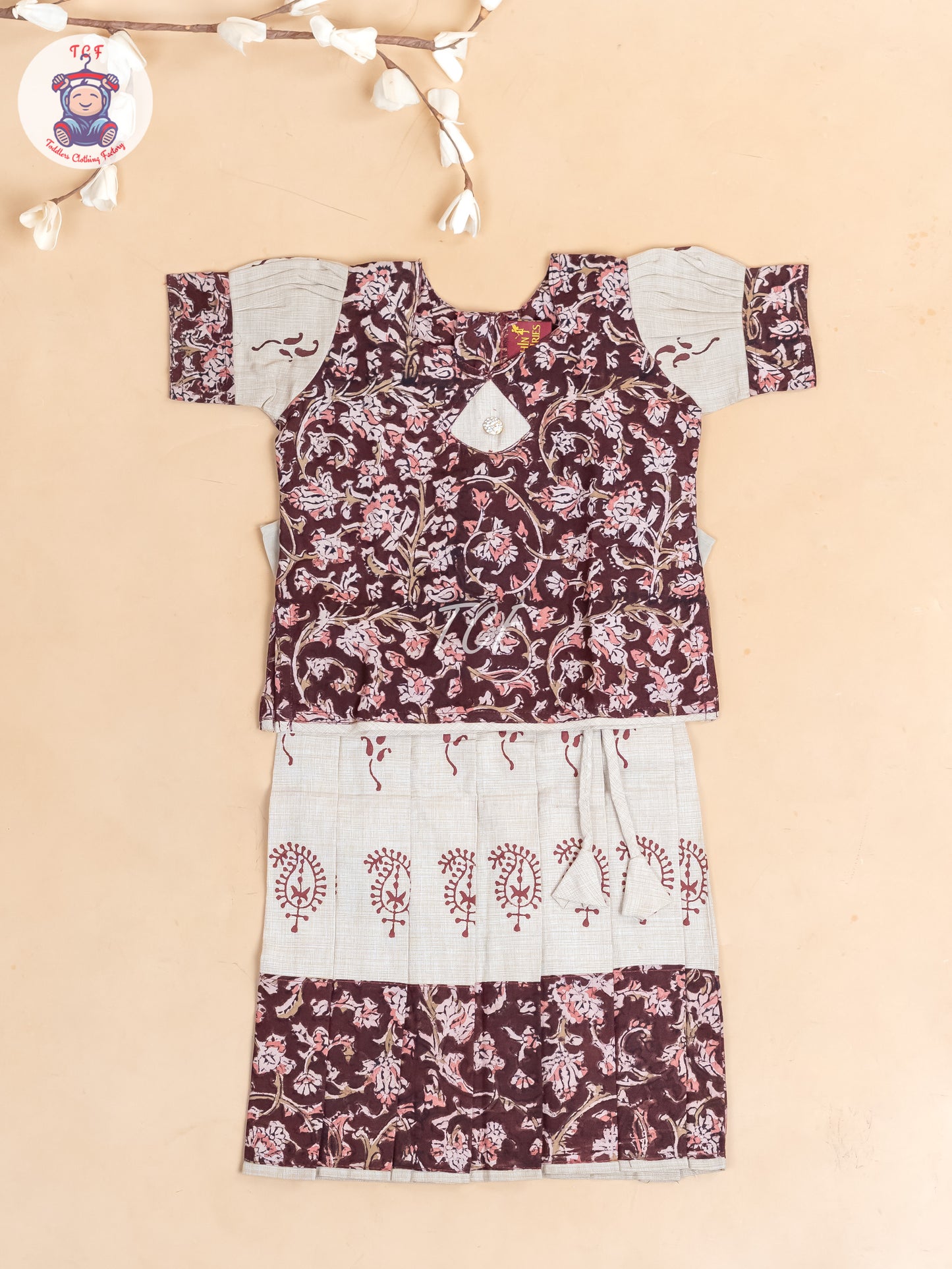 Brown & Cream Kalamkari Printed - Girls Readymade Cotton Pavadai Sattai