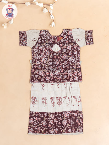 Brown & Cream Kalamkari Printed - Girls Readymade Cotton Pavadai Sattai
