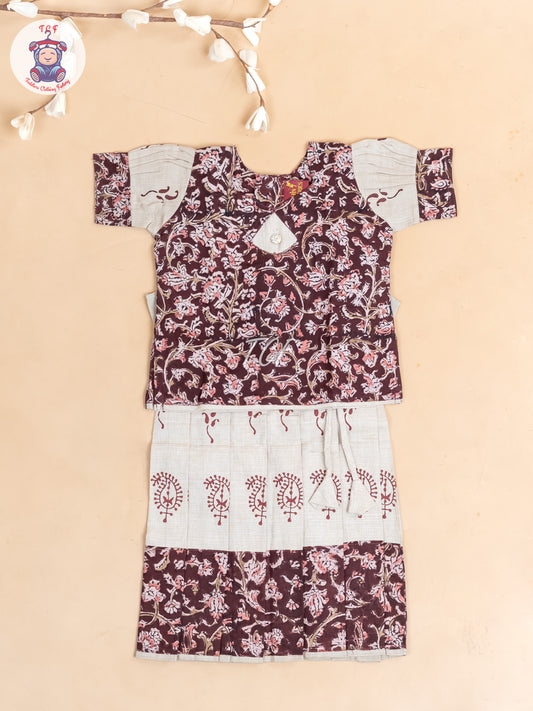 Brown & Cream Kalamkari Printed - Girls Readymade Cotton Pavadai Sattai