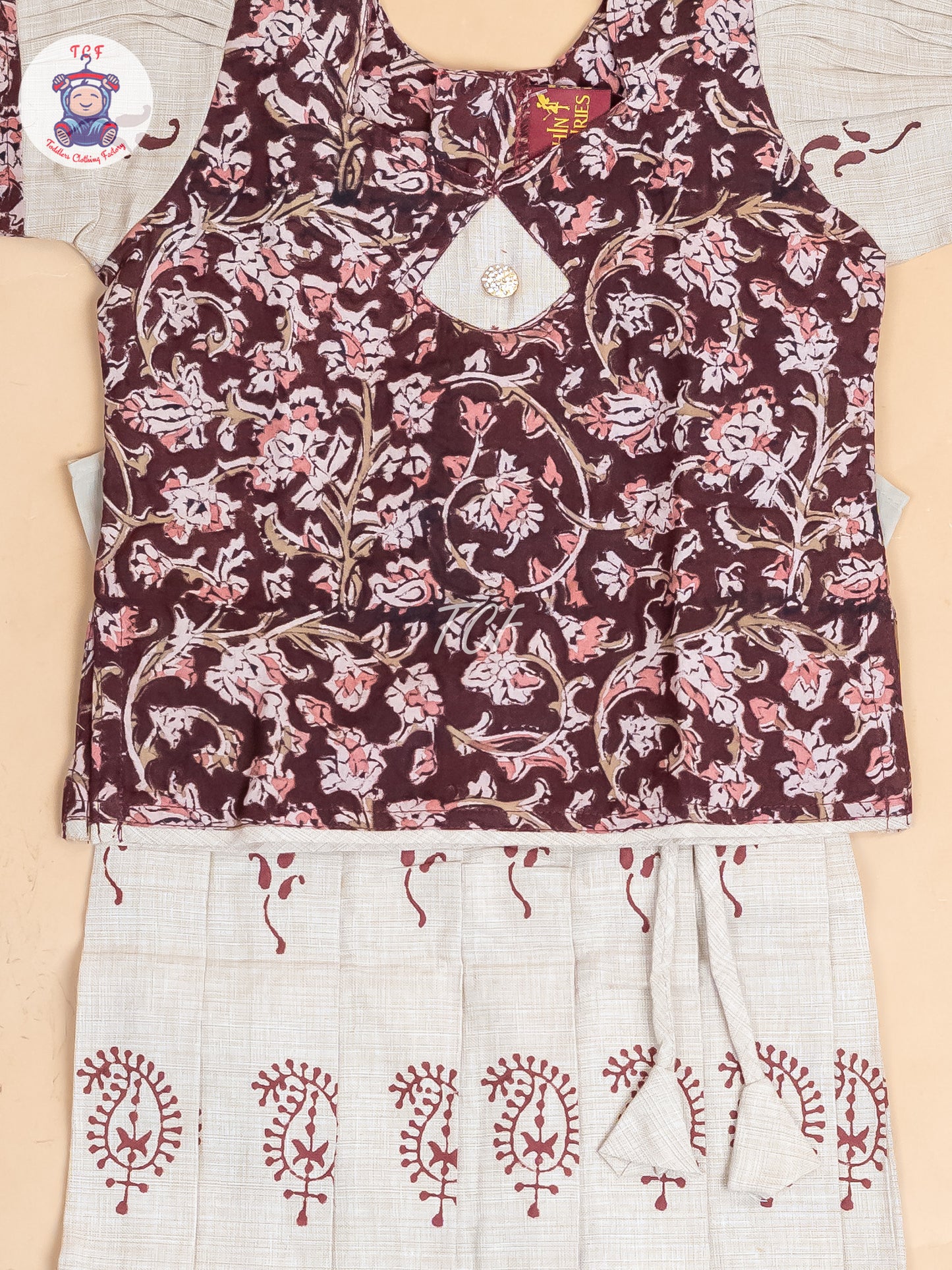 Brown & Cream Kalamkari Printed - Girls Readymade Cotton Pavadai Sattai