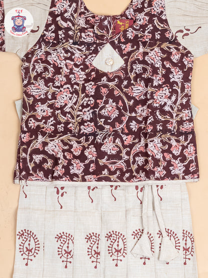 Brown & Cream Kalamkari Printed - Girls Readymade Cotton Pavadai Sattai