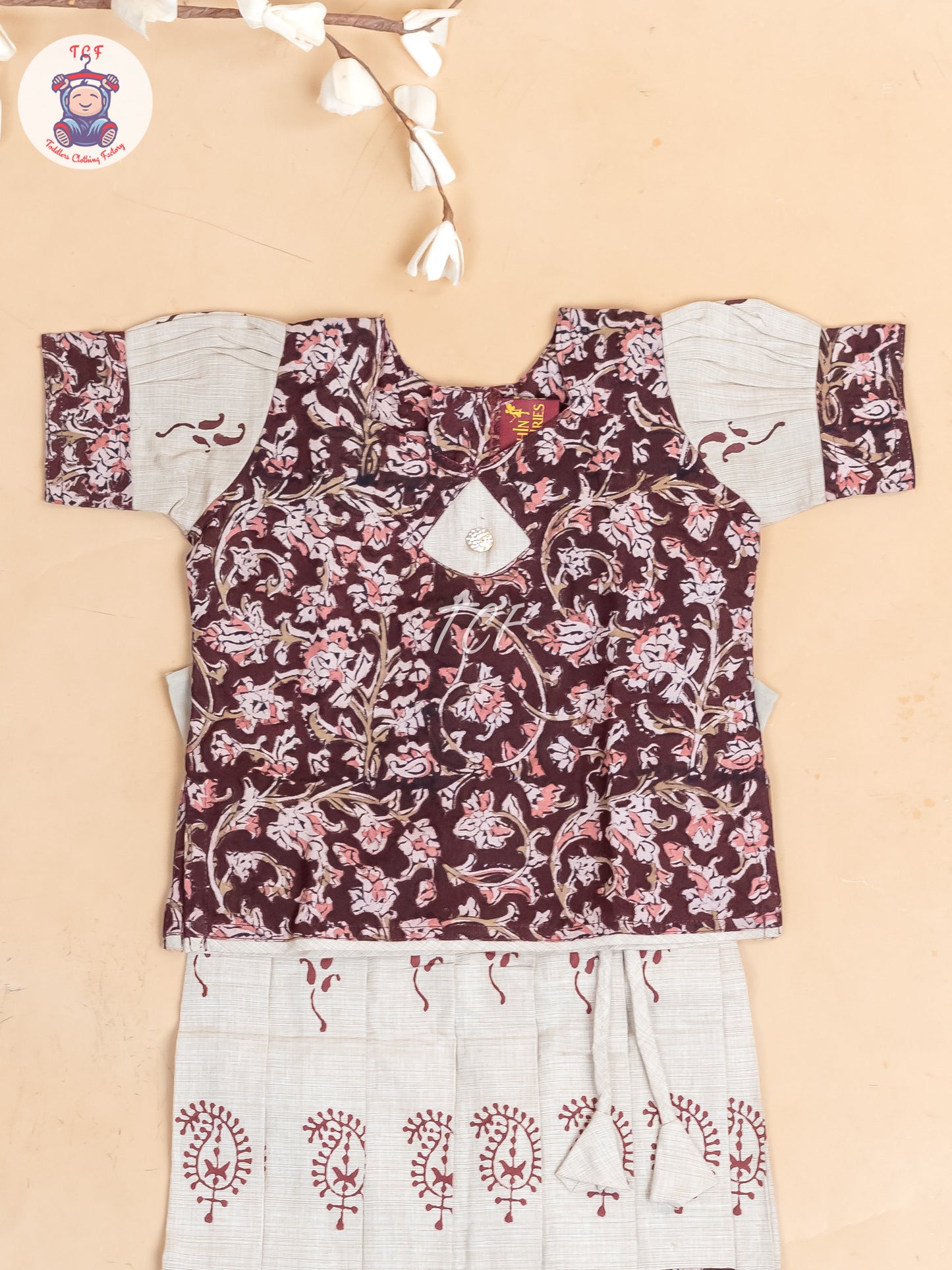 Brown & Cream Kalamkari Printed - Girls Readymade Cotton Pavadai Sattai