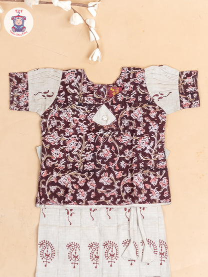 Brown & Cream Kalamkari Printed - Girls Readymade Cotton Pavadai Sattai