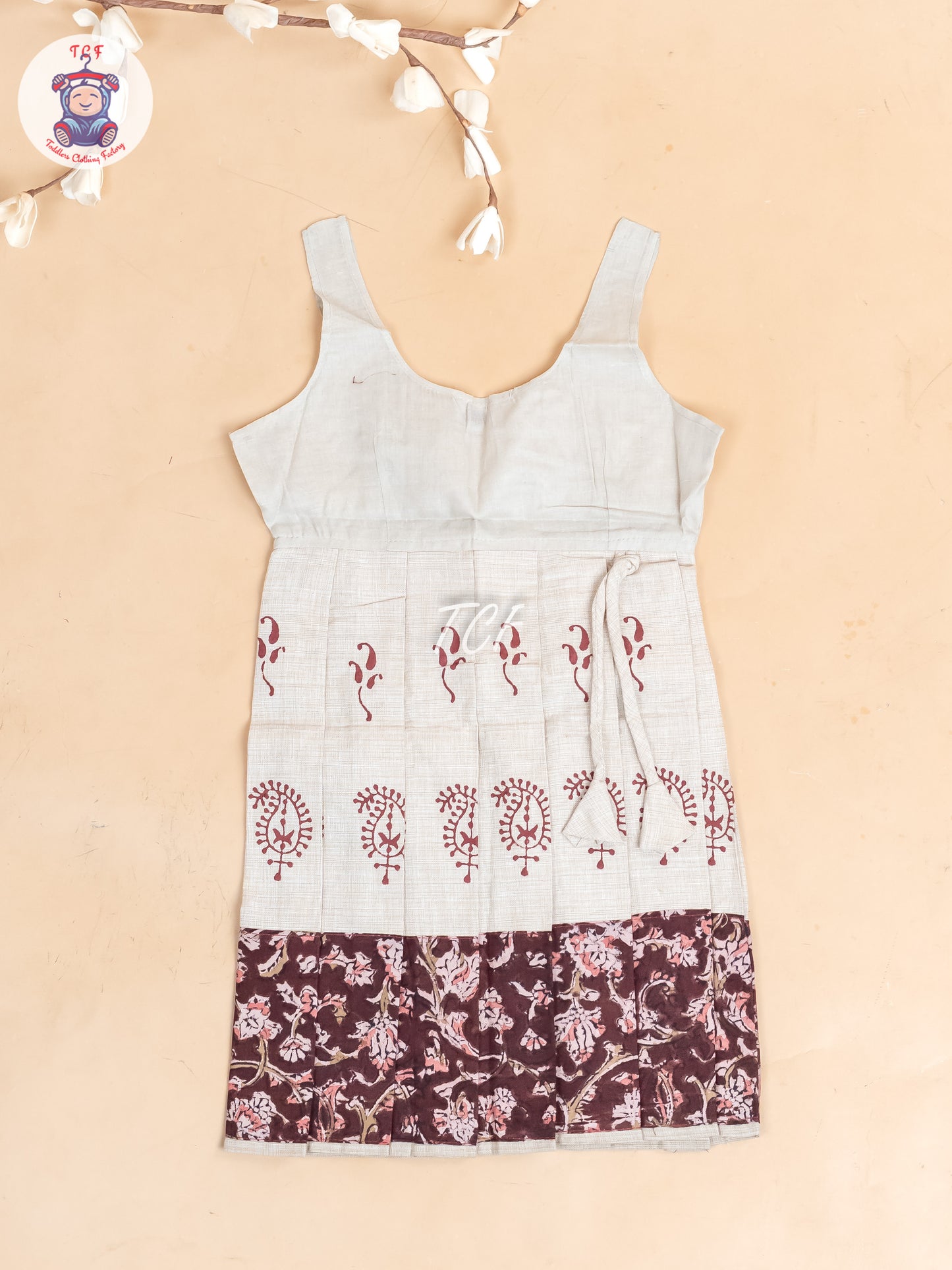 Brown & Cream Kalamkari Printed - Girls Readymade Cotton Pavadai Sattai