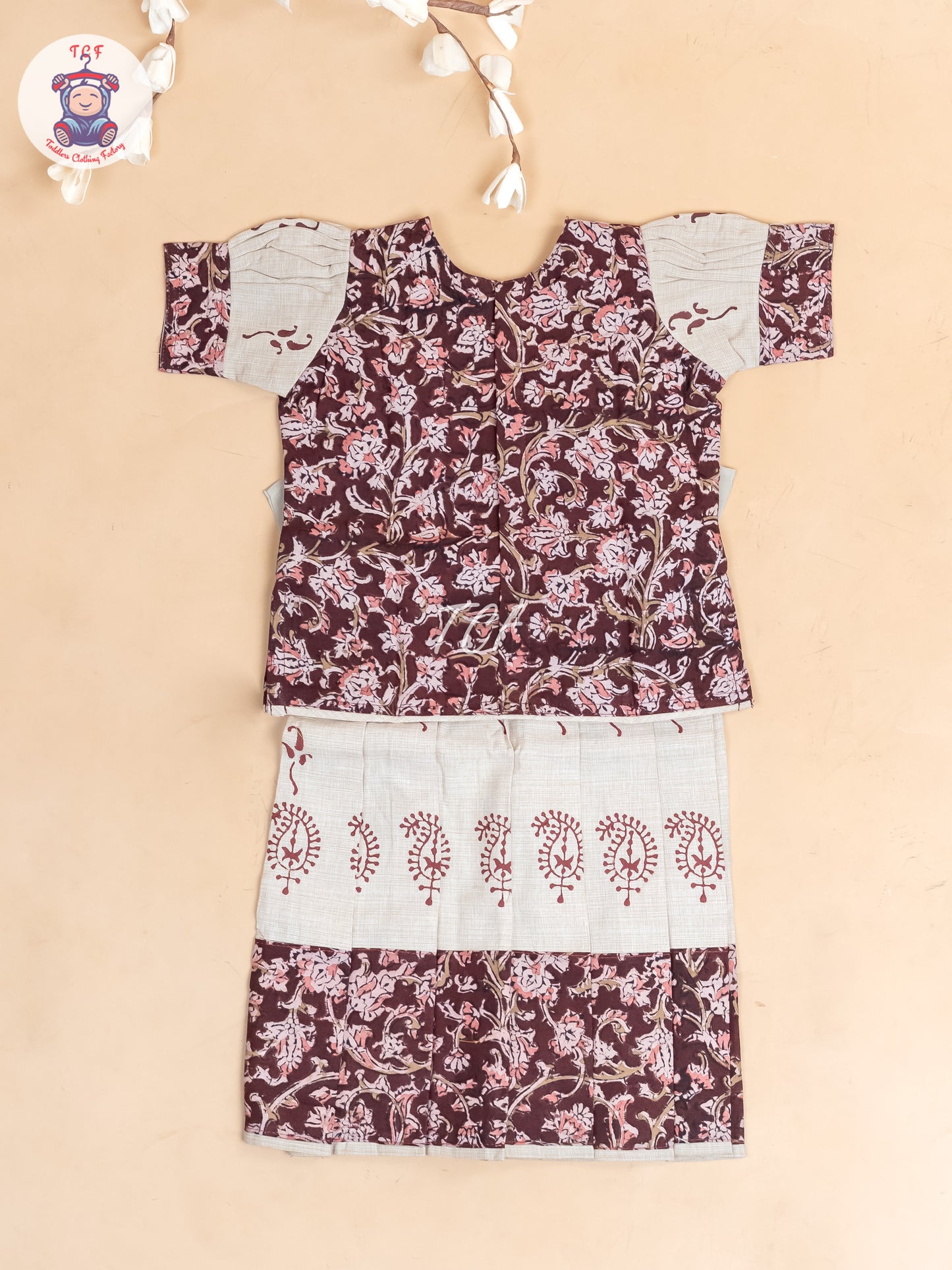 Brown & Cream Kalamkari Printed - Girls Readymade Cotton Pavadai Sattai