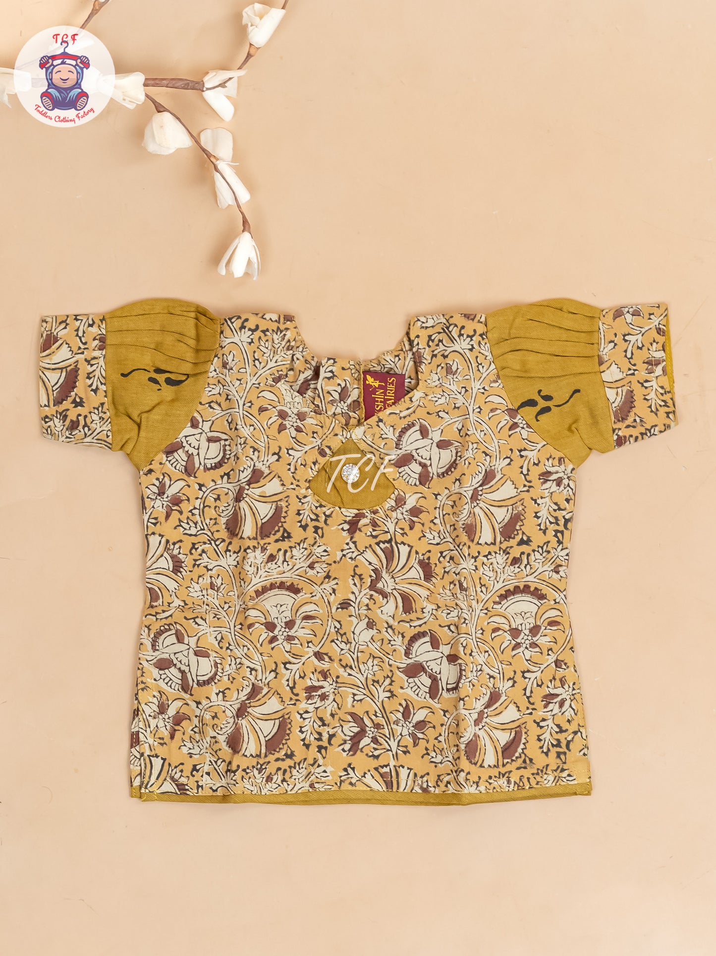 Mustard & Brown Kalamkari Printed - Girls Readymade Cotton Pavadai Sattai