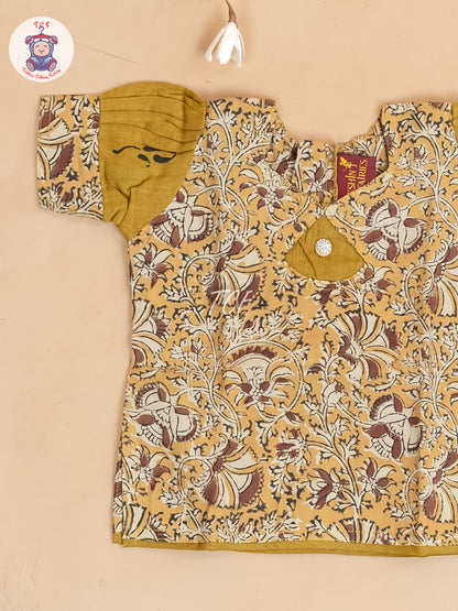 Mustard & Brown Kalamkari Printed - Girls Readymade Cotton Pavadai Sattai