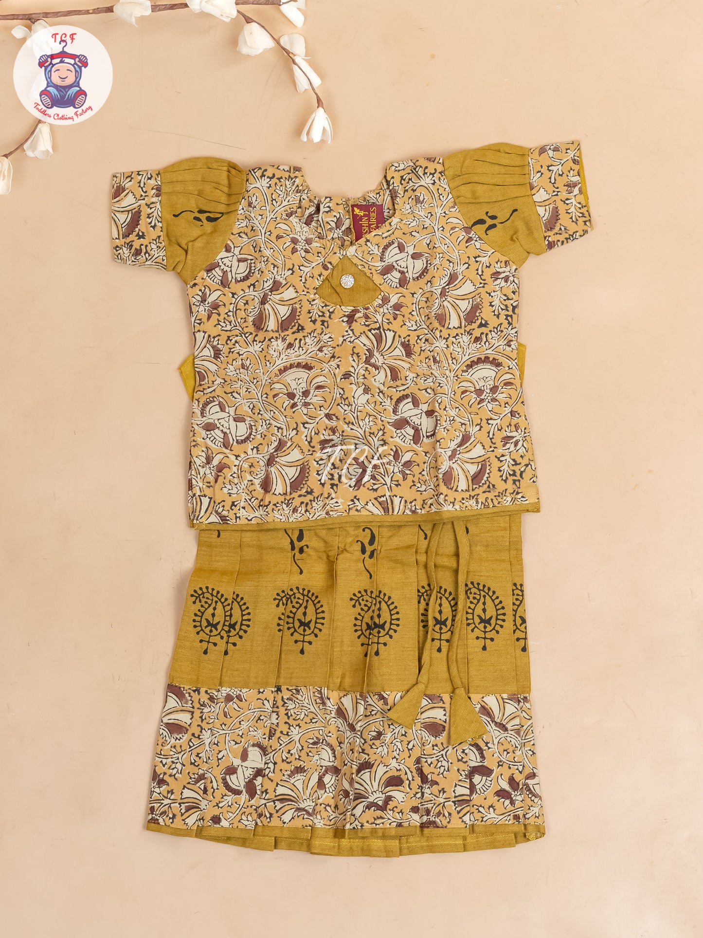 Mustard & Brown Kalamkari Printed - Girls Readymade Cotton Pavadai Sattai