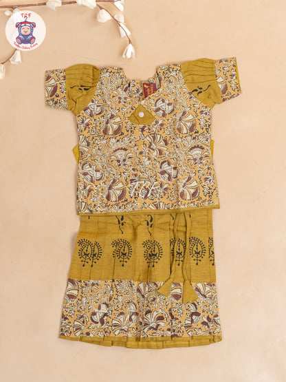 Mustard & Brown Kalamkari Printed - Girls Readymade Cotton Pavadai Sattai
