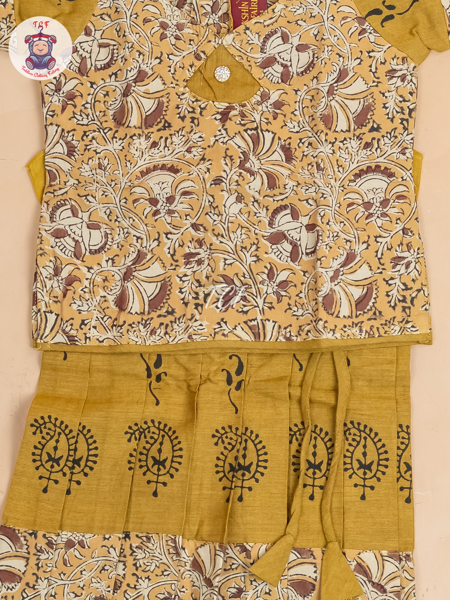 Mustard & Brown Kalamkari Printed - Girls Readymade Cotton Pavadai Sattai