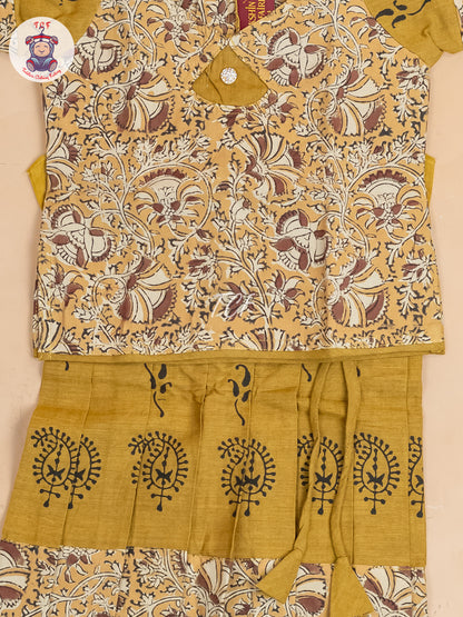 Mustard & Brown Kalamkari Printed - Girls Readymade Cotton Pavadai Sattai