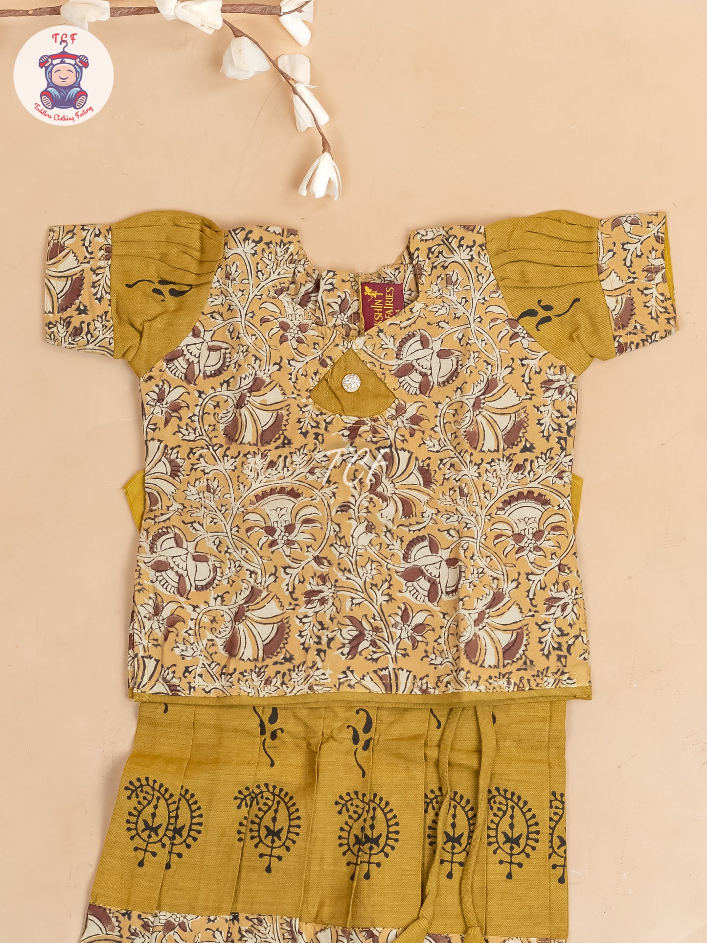 Mustard & Brown Kalamkari Printed - Girls Readymade Cotton Pavadai Sattai