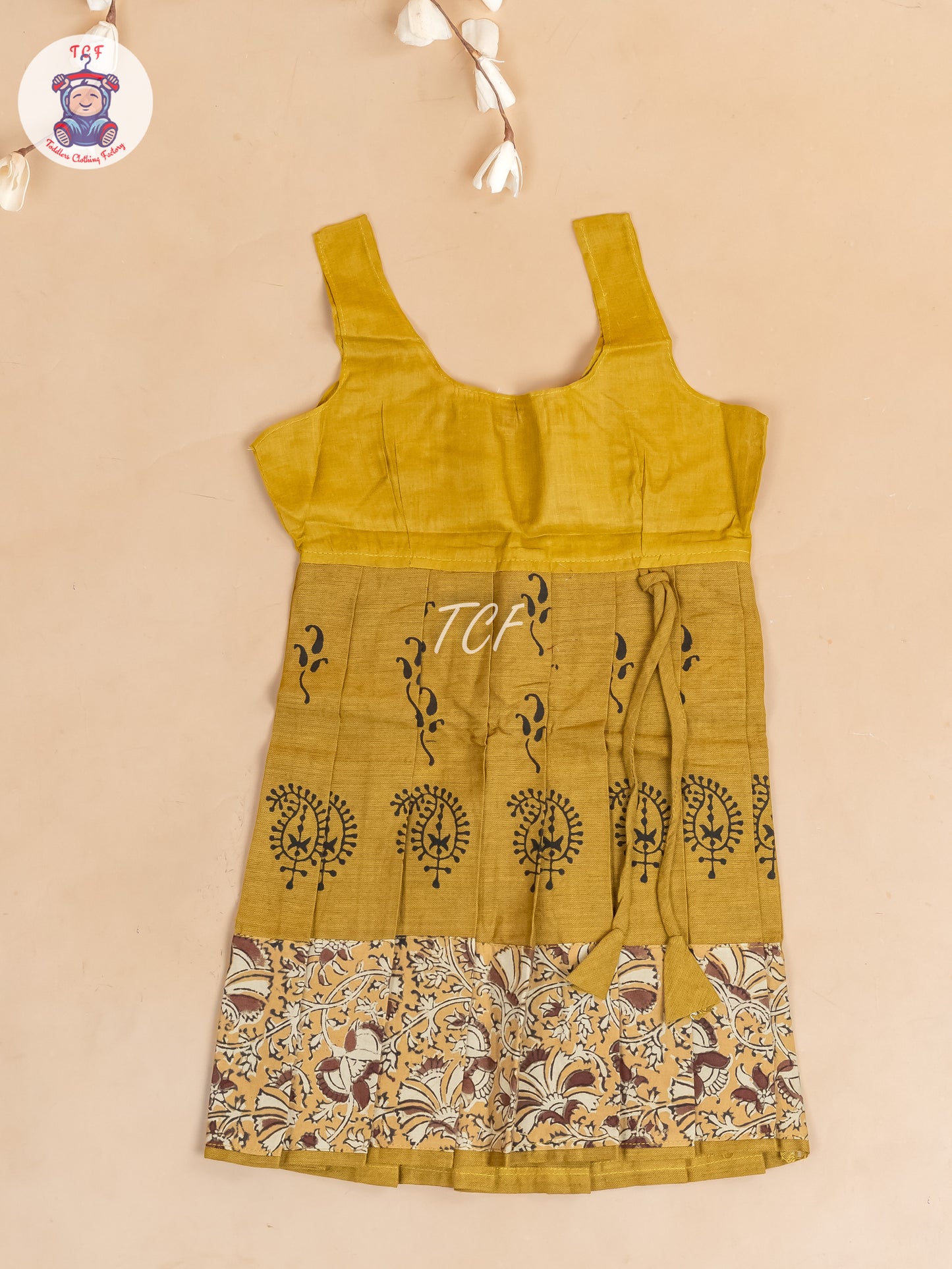 Mustard & Brown Kalamkari Printed - Girls Readymade Cotton Pavadai Sattai