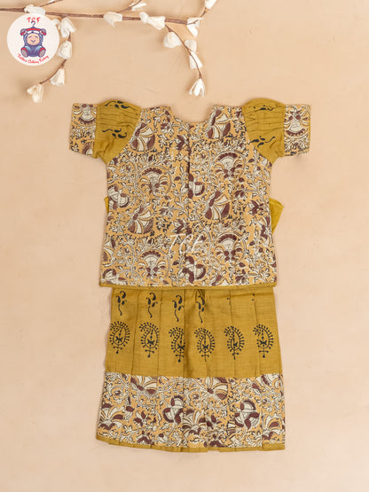 Mustard & Brown Kalamkari Printed - Girls Readymade Cotton Pavadai Sattai