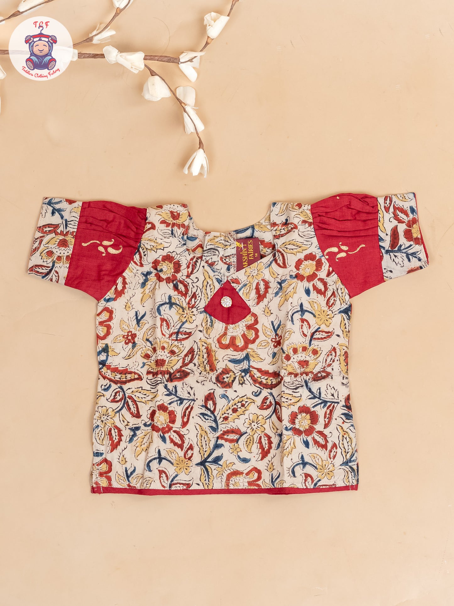 Cream & Red Kalamkari Printed - Girls Readymade Cotton Pavadai Sattai