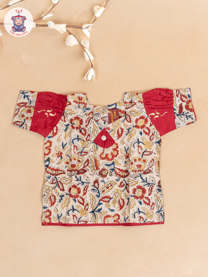 Cream & Red Kalamkari Printed - Girls Readymade Cotton Pavadai Sattai