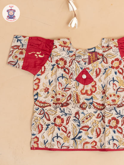 Cream & Red Kalamkari Printed - Girls Readymade Cotton Pavadai Sattai