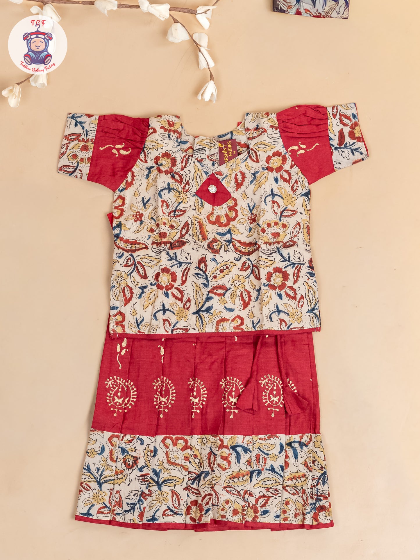 Cream & Red Kalamkari Printed - Girls Readymade Cotton Pavadai Sattai