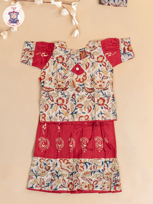 Cream & Red Kalamkari Printed - Girls Readymade Cotton Pavadai Sattai
