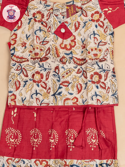 Cream & Red Kalamkari Printed - Girls Readymade Cotton Pavadai Sattai