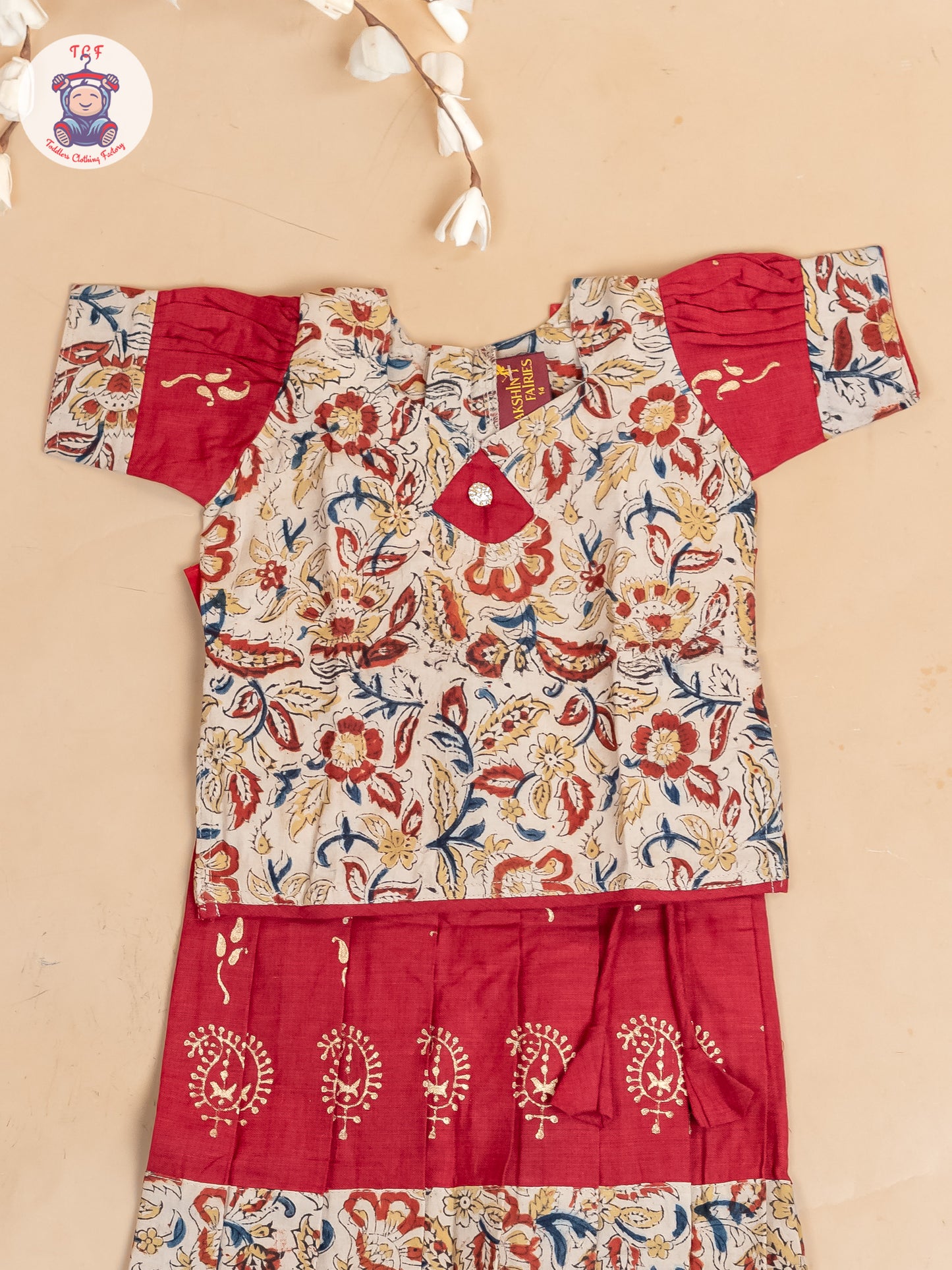 Cream & Red Kalamkari Printed - Girls Readymade Cotton Pavadai Sattai