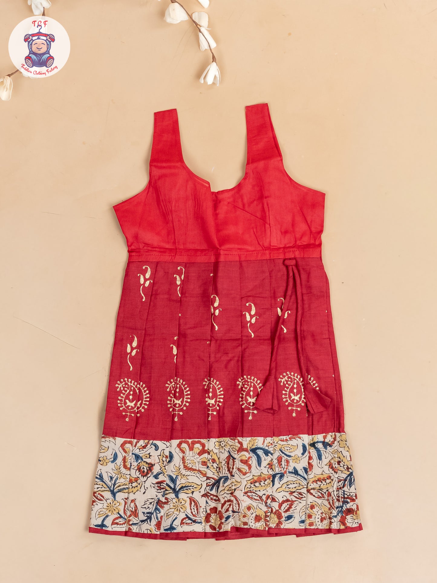 Cream & Red Kalamkari Printed - Girls Readymade Cotton Pavadai Sattai