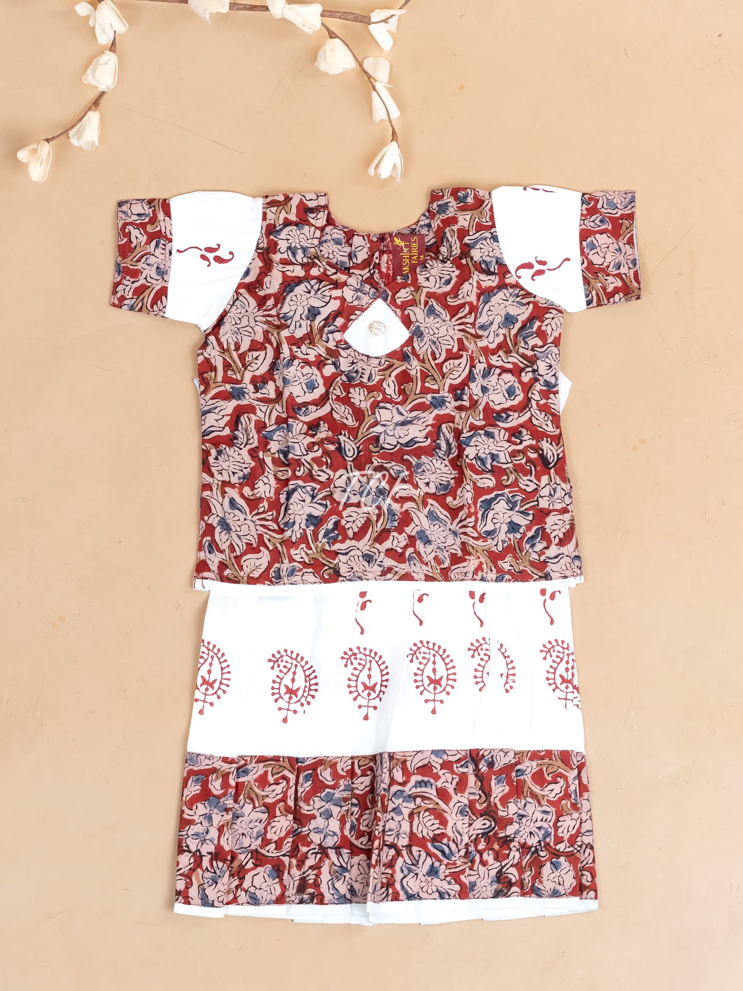 Maroon & White Kalamkari Printed - Girls Readymade Cotton Pavadai Sattai