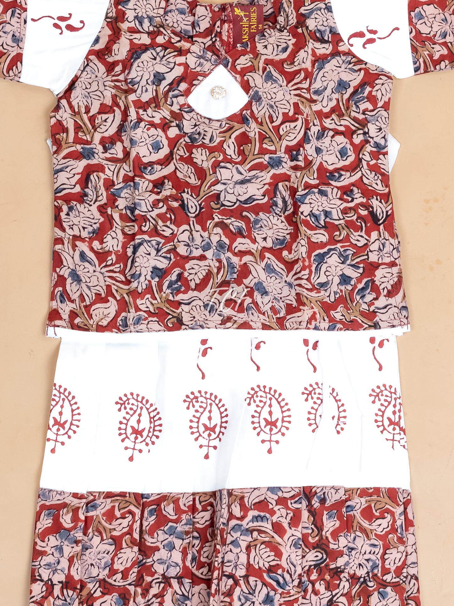Maroon & White Kalamkari Printed - Girls Readymade Cotton Pavadai Sattai