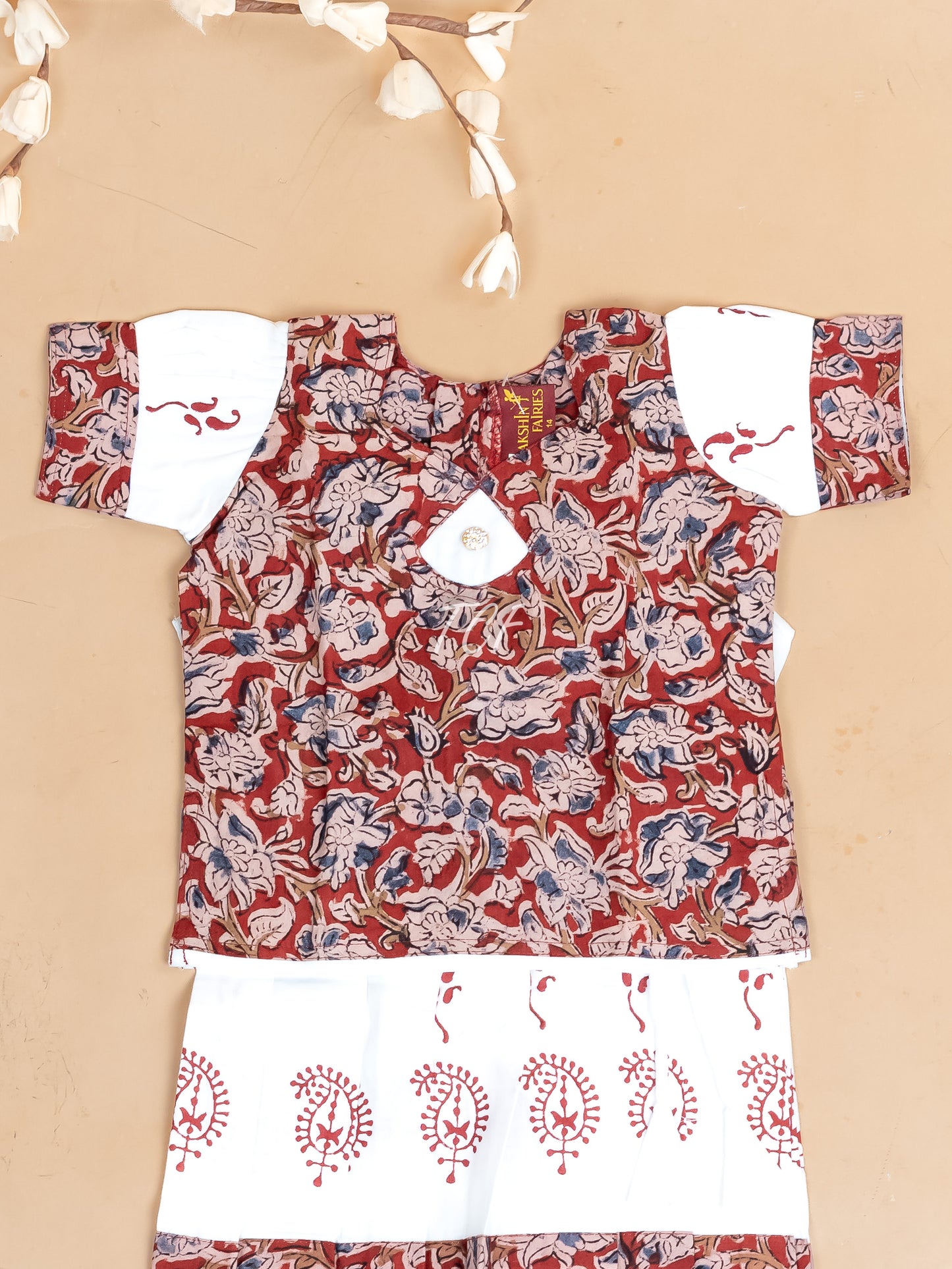 Maroon & White Kalamkari Printed - Girls Readymade Cotton Pavadai Sattai