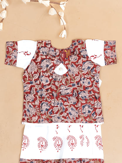 Maroon & White Kalamkari Printed - Girls Readymade Cotton Pavadai Sattai