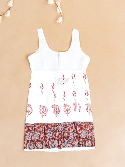 Maroon & White Kalamkari Printed - Girls Readymade Cotton Pavadai Sattai