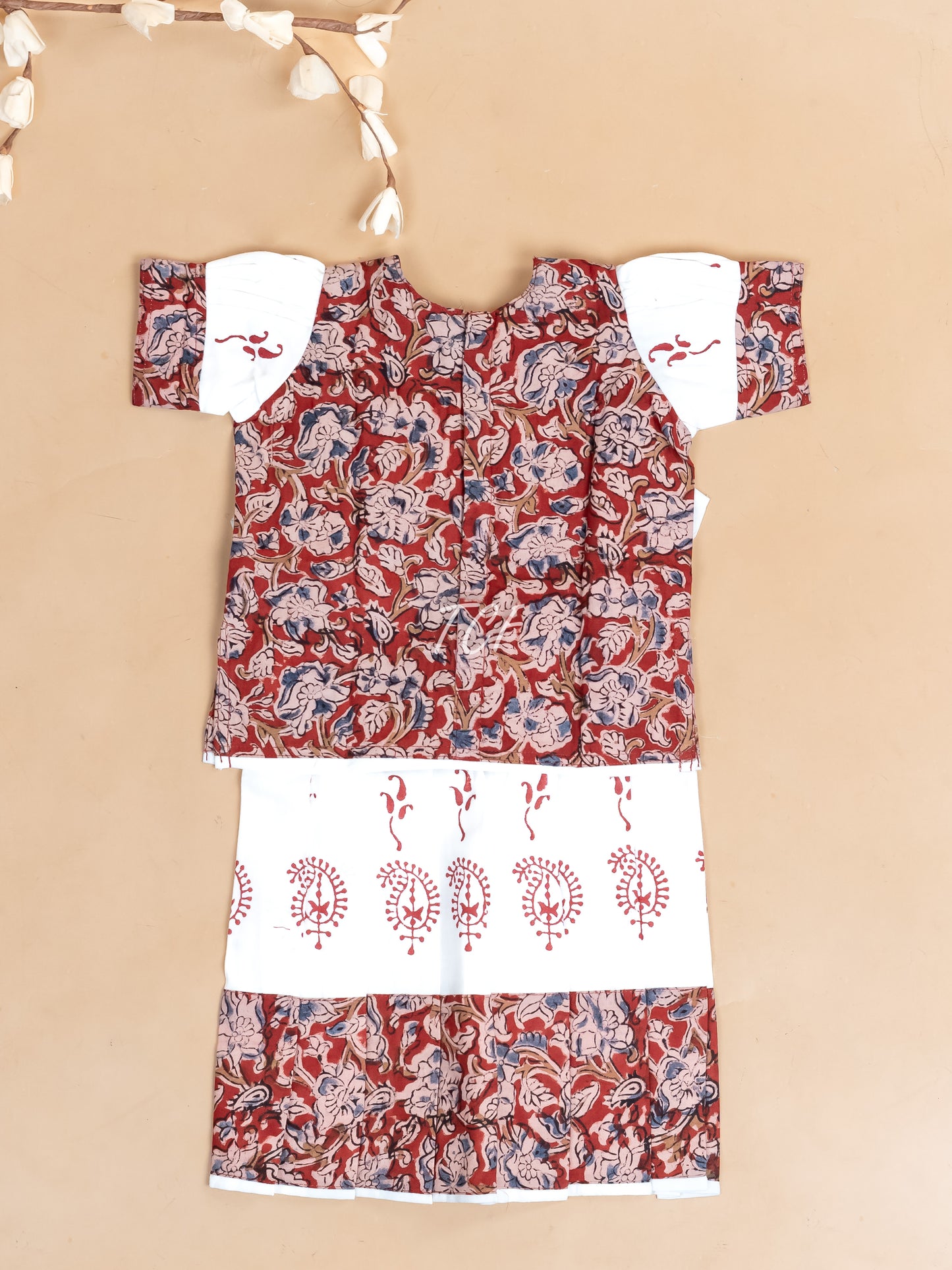 Maroon & White Kalamkari Printed - Girls Readymade Cotton Pavadai Sattai